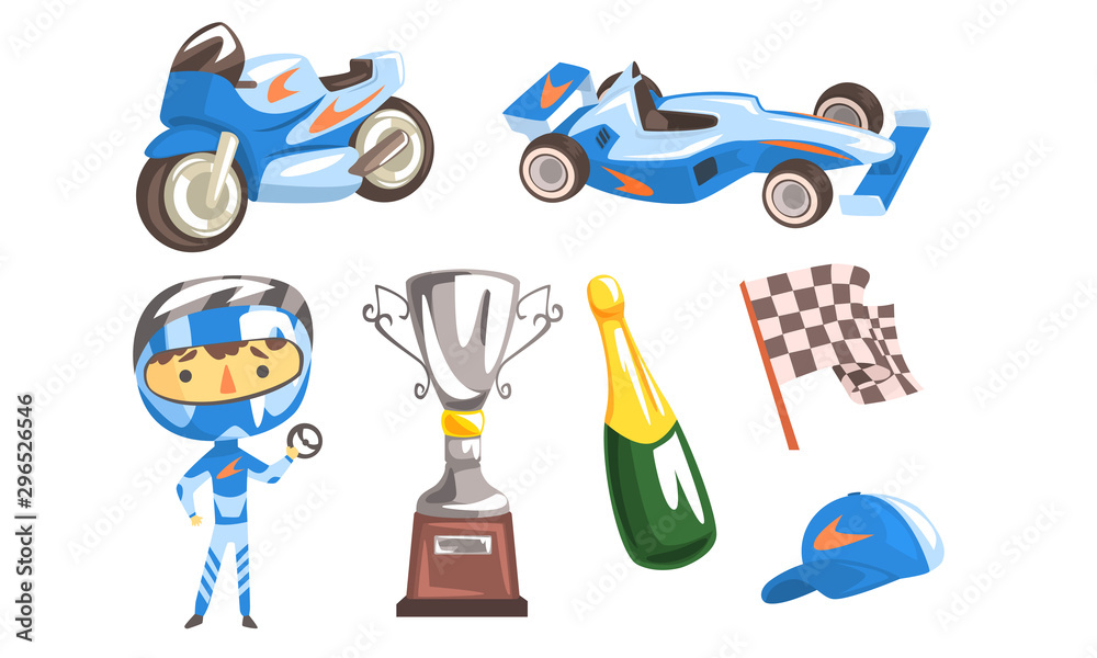 Professional Race Driver with Equipment Set, Winner Cup, Racing Flag, Trophy Cup, Sport Car and Motorcycle, Bottle of Champagne Vector Illustration