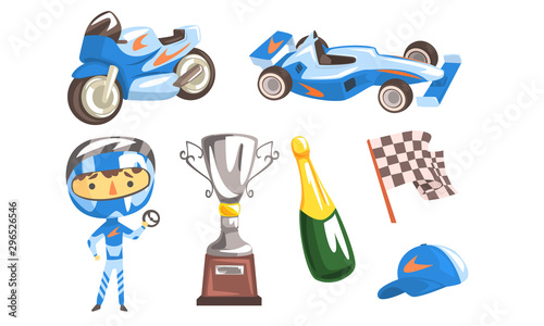Professional Race Driver with Equipment Set, Winner Cup, Racing Flag, Trophy Cup, Sport Car and Motorcycle, Bottle of Champagne Vector Illustration