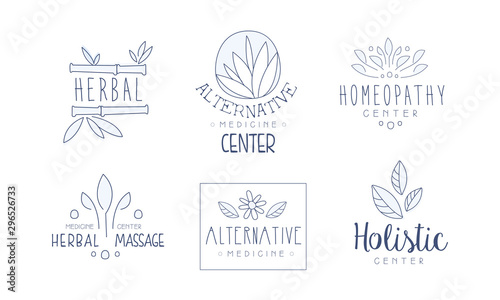 Alternative Medicine Center Hand Drawn Labels Set, Homeopathy, Holistic Medicine Center, Herbal Massage Vector Illustration