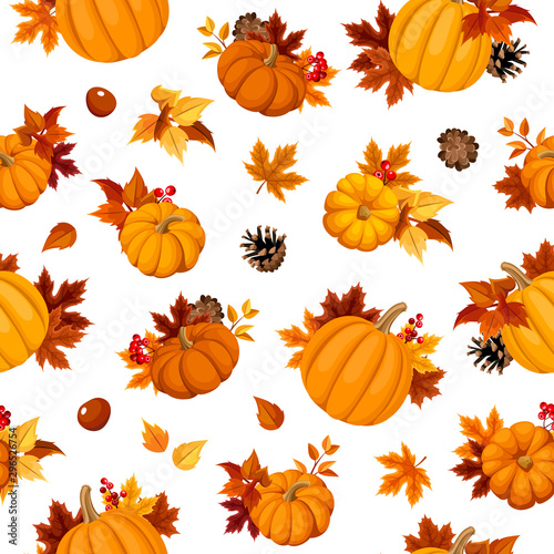 Vector seamless pattern with orange pumpkins, autumn leaves, pinecones and chesntuns on a white background.
