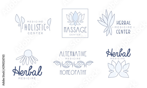 Alternative Medicine Center Hand Drawn Labels Set, Herbal, Holistic Medicine Center Vector Illustration