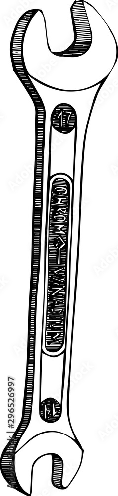 Image of open-end wrench Imade using the hatch technique. Old open-end wrench. Image of open-end wrench Imade using the hatch technique. Old open-end wrench.