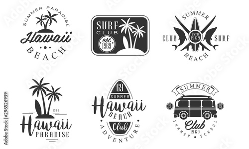 Surf Club Retro Logo Templates Set, Hawaii Beach Summer Paradise Badges Vector Illustration