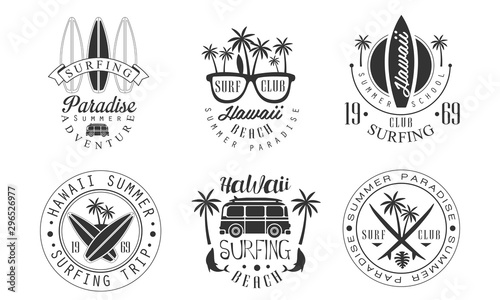 Summer Surf Club Retro Logo Templates Set, Hawaii Surfing Beach Paradise Monochrome Badges Vector Illustration