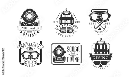 Underwater Diving Retro Logo Templates Set, Deep Water Sport Club Monochrome Badges Vector Illustration