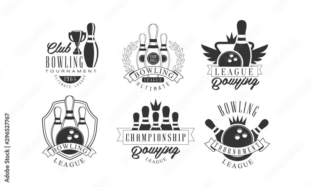 Naklejka premium Bowling Tournament Retro Labels Set, Championship League Monochrome Badges Vector Illustration