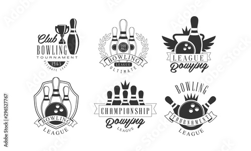 Bowling Tournament Retro Labels Set, Championship League Monochrome Badges Vector Illustration