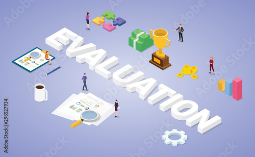 business evaluation concept with team people analysis data graph and financial report with isometric modern flat style - vector