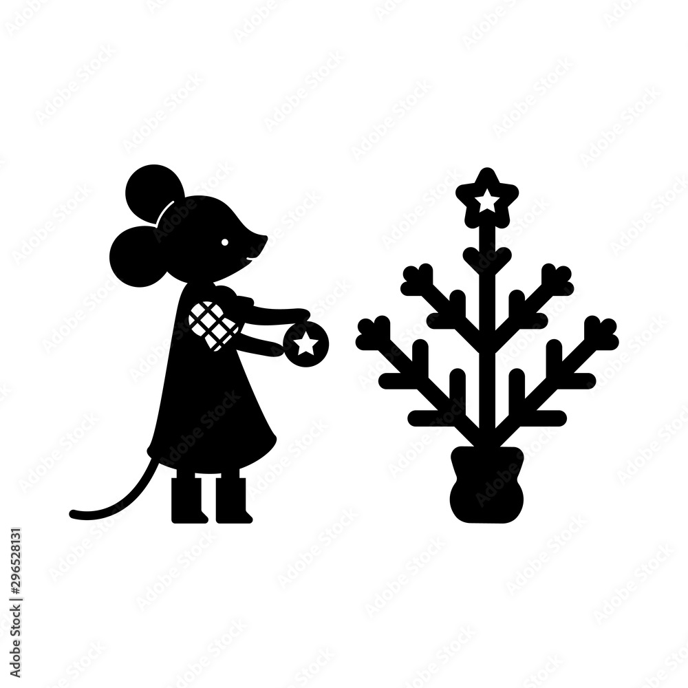 Flat vector figure of mouse. Simple monochrome image of a mouse decorating a Christmas tree, paper cutting style, stencil, lasercut. Flat vector figure of mouse. Simple monochrome image of a mouse decorating a Christmas tree, paper cutting style, stencil, lasercut.