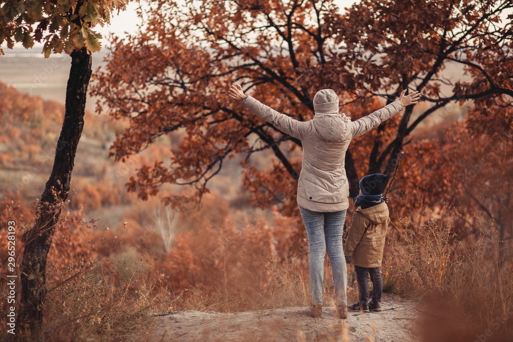 Mom and son are standing on the mountain. Nature Travel Trekking Lifestyle Mom and son are standing on the mountain. Nature Travel Trekking Lifestyle