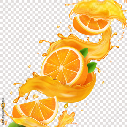 Transparent splash sliced orange juice 3d realistic vector. Citrus fruit liquid symbol, tropical summer drink in a spiral