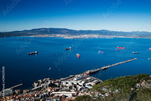 The port of Gibraltar and the bay of Algeciras with cargo ships view, Rock of Gibraltar, United Kingdom