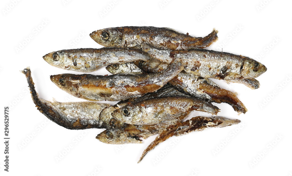 Fried smelt fish isolated on white background, top view Fried smelt fish isolated on white background, top view