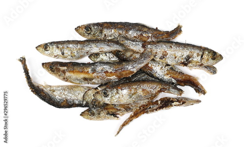 Fried smelt fish isolated on white background, top view
