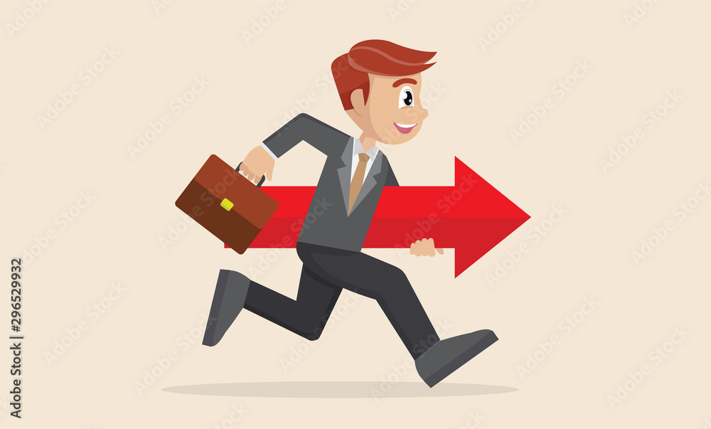 businessman running and holding red arrow.