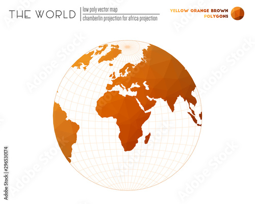 World map with vibrant triangles. Chamberlin projection for Africa projection of the world. Yellow Orange Brown colored polygons. Awesome vector illustration.