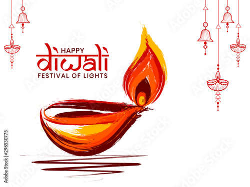 Vector illustration or greeting card on diwali festival of india with beautiful decorated vector abstract oil lamp (diya) and decorated lamp hanggings on white background.