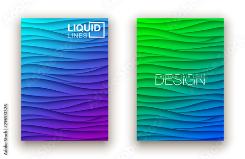 Minimal fluid covers design wall panel. Halftone colorful realistic 3d relief wave design. Future liquid modern interior gypsum stucco relievo patterns. Eps10 vector background set.