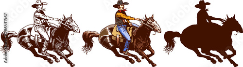 Fototapeta grafika wektorowa kowboja w kapeluszu na koniu z lasso i źrebakiem w stylu grafiki artystycznej
