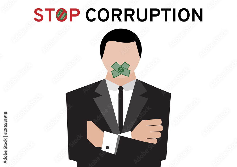 A man in black suit cross his arms while abstention by bribe money in election procedure on white background with the topic stop corruption for election campaign by vector and illustration design A man in black suit cross his arms while abstention by bribe money in election procedure on white background with the topic stop corruption for election campaign by vector and illustration design