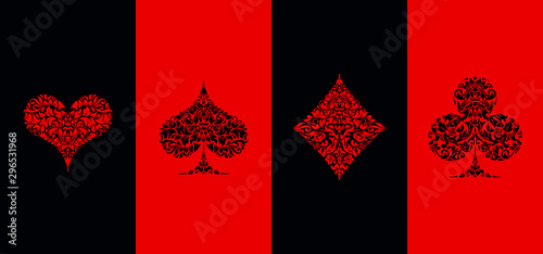 Set 4 Playing card suits icons decoration pattern diamonds, clovers, hearts, spades template on black and red background. Vintage Playing card suit ornament symbol pictogram for play casino poker game