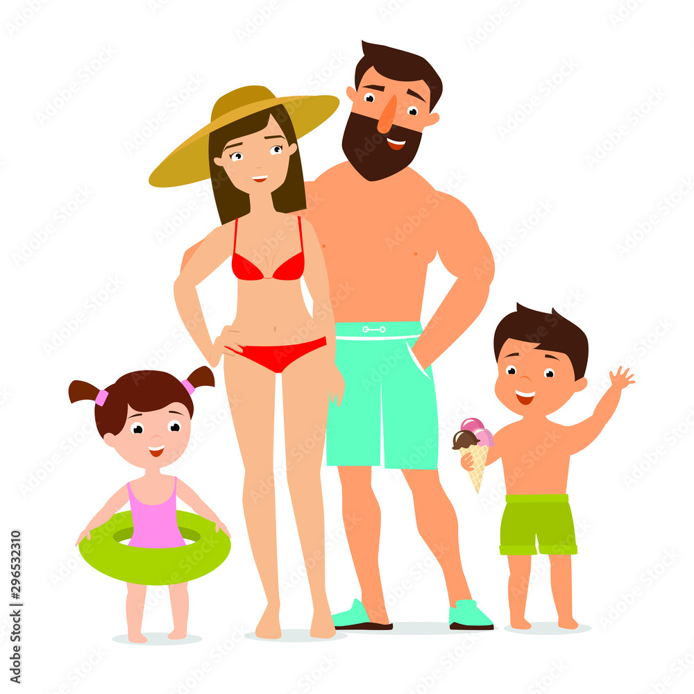 Happy family on summer holiday. The family goes to the beach. Parents and children cartoon characters. Vector illustration Happy family on summer holiday. The family goes to the beach. Parents and children cartoon characters. Vector illustration