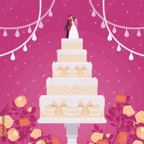 Wedding cake for ceremony, bride, groom figurines, cream, frosting, special day party creation, decoration for a perfect gift for guests to enjoy grand dessert. Vector flat style cartoon illustration