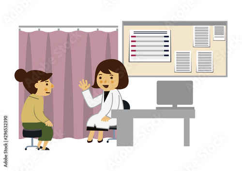 医者と患者。 女医と女性患者。 診察をする医師と患者。 診察室のイメージ。