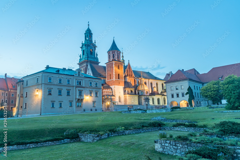 Evening view of Wawel Royal Castle complex with Wawel Cathedral or The Royal Archcathedral Basilica of Saints Stanislaus and Wenceslaus.