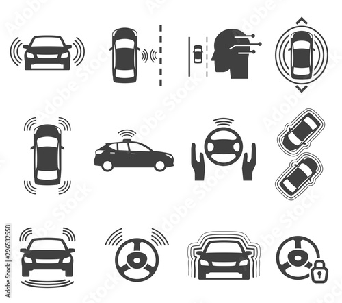 Autonomous smart car glyph icons vector set