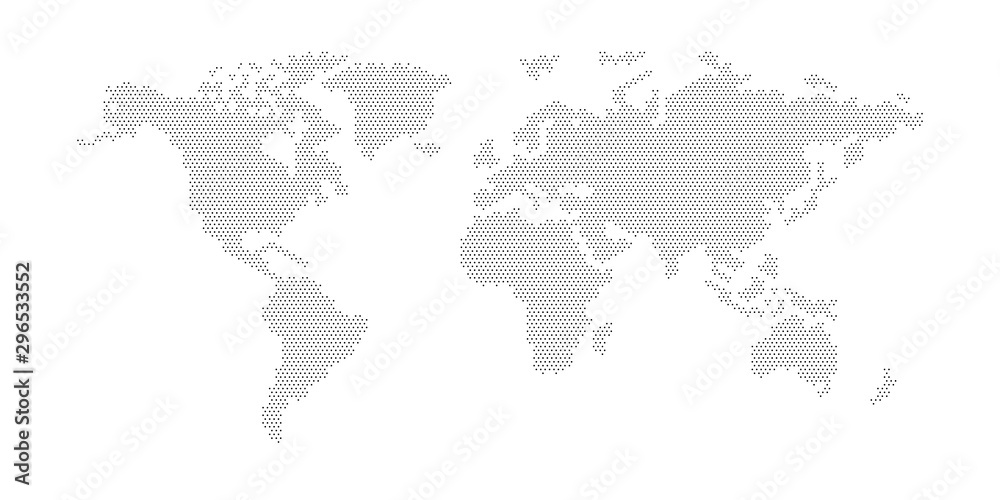Obraz kropki na mapie świata z płaskimi pikselami z oceanami w projekcie kropek punktowych. Planeta Ziemia w tle Kropkowana ulga transparent. Wszystkie reliefowe kontynenty świata na jednym zdjęciu z pikselową perforacją.