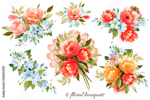 Fototapeta Naklejka Na Ścianę i Meble -  A set of bouquets of peonies, rose hips, apple trees, lace ribbon. Watercolor illustration, handmade