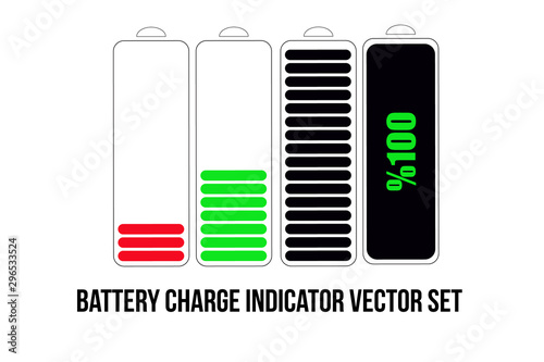 Battery charge indicator vector set. On white floor. Charge level