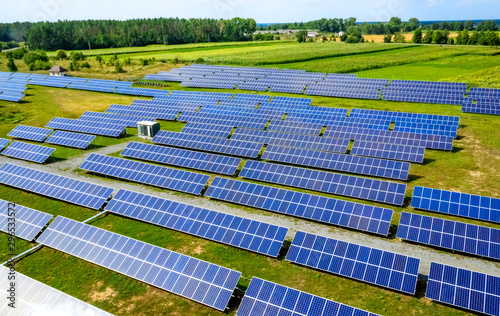 Aerial view top view on blue solar pannels