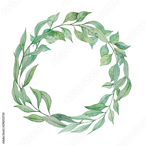 Fototapeta Naklejka Na Ścianę i Meble -  Wreath with hand drawn watercolor green leaves