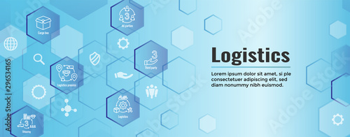 Logistics icon set and web header banner with buildings, trucking, people and shipping box
