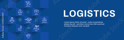 Logistics icon set and web header banner with buildings, trucking, people and shipping box