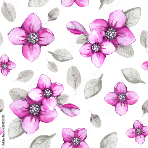 Seamless pattern with hydrangea flowers on a white background. Hand watercolor illustration. Design for fabric, background, wallpaper, packaging, wrappers, covers, invitations, greetings.