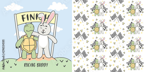 Turtle and Rabbit in finish line and Seamless Pattern illustration.