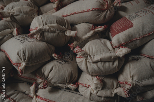 Pile of rice sacks in grain warehouse