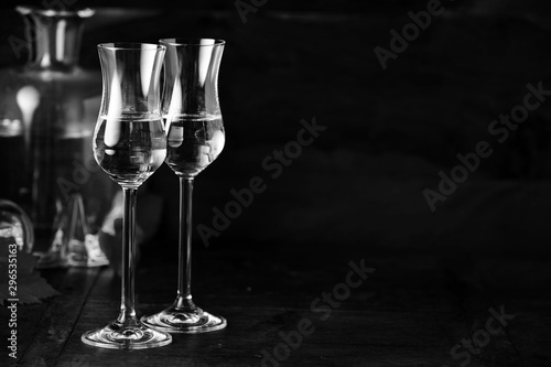 Two elegant grappa glasses with copy space photo