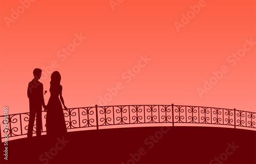 Silhouette of a couple in love on a bridge with a railing. Beautiful horizontal background with place for text. Vector romantic illustration.