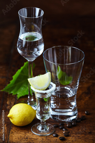 High angle close-up of grappa shots