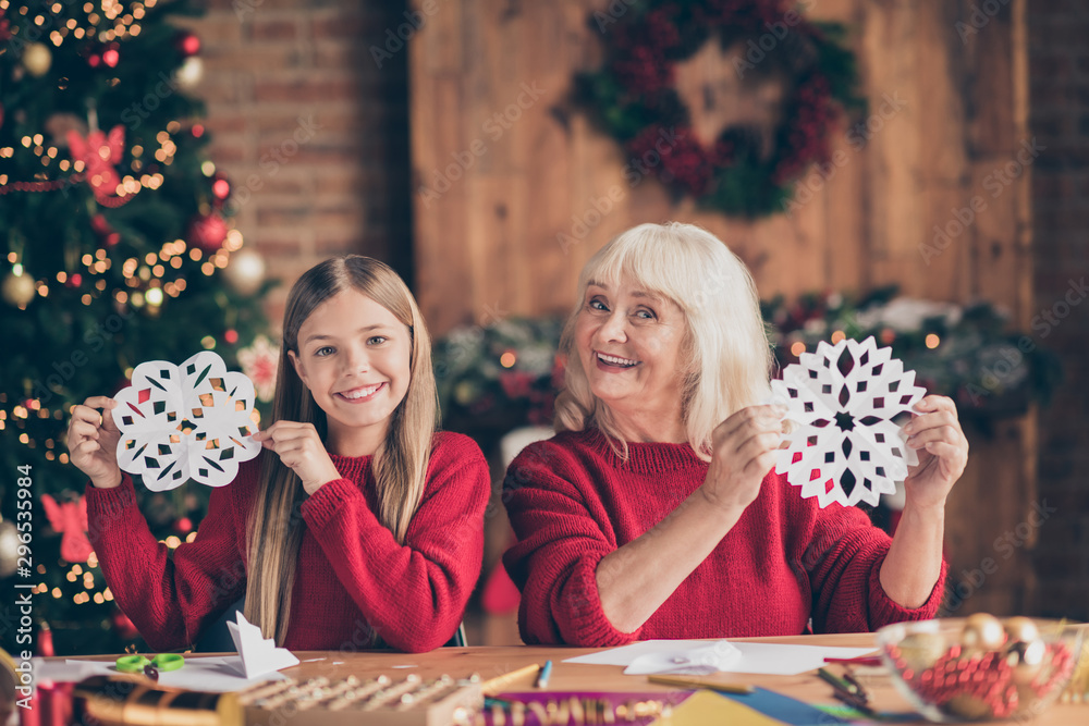 Fototapeta premium Portrait of nice attractive creative talented inspired cheerful cheery granny pre-teen grandchild paper flake creating showing festal decor at decorated industrial brick wood loft style interior house