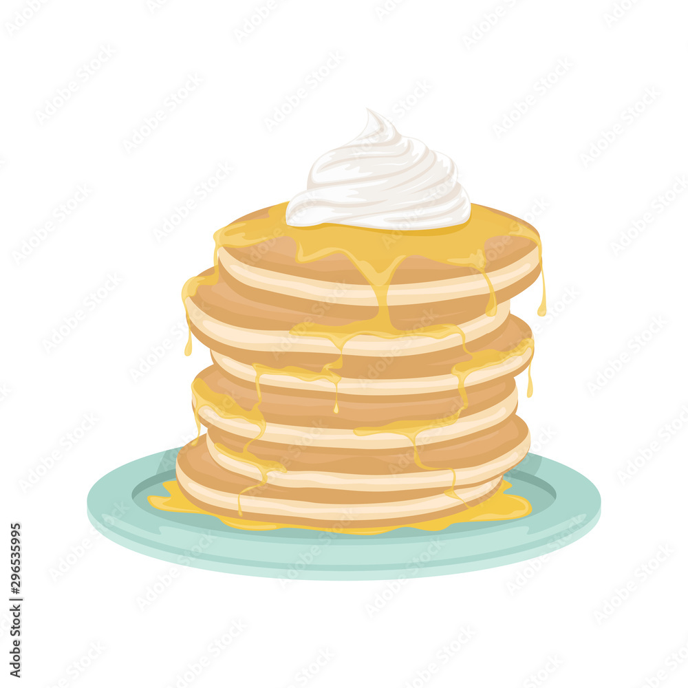 A stack of fried pancakes with honey and whipped cream. Delicious breakfast. Cartoon vector illustration. A stack of fried pancakes with honey and whipped cream. Delicious breakfast. Cartoon vector illustration.