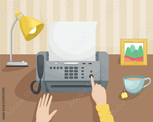 Workplace with a Fax and a girl pressing a button. Paperwork, Secretary. Vector illustration.
