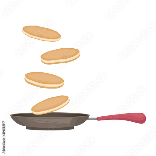Tossed pancake in the pan. Flat vector illustration.