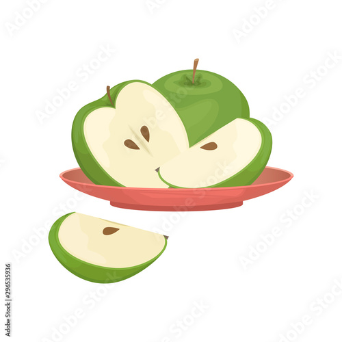 Green apples sliced and whole on a red plate. Isolated vector illustration.