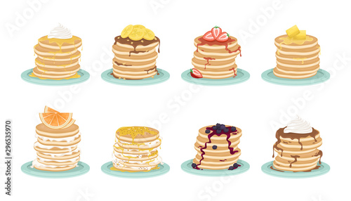 Set of 8 types of pancakes. A stack of fried pancakes on the plate. Delicious breakfast. Cartoon vector illustration.