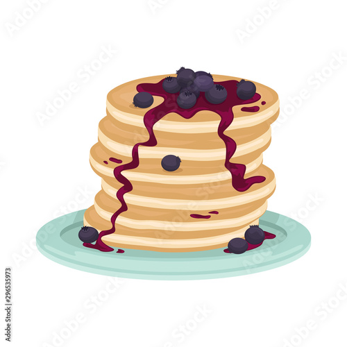 A stack of fried pancake with blueberry and blueberry jam. Delicious breakfast. Cartoon vector illustration.